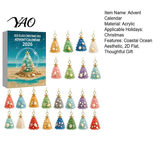 Holiday Hanging Acrylic Pendants 2026 Christmas Advent Calendar, Sea Glass Tree 2D Ornament Set Coastal Aesthetic Gift Box with String, Countdown
