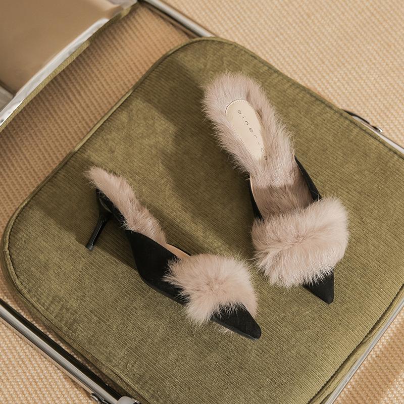 53013 [Sheepskin] High-heeled Fluffy Slippers for Women's Outer Wear 2025 Spring New Bag Head Fine Heel Rabbit Hair Half Drag