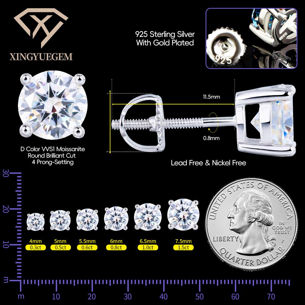 6mm 0.8ct Sparkling Party Fine Jewelry Gifts 925 Silver White Mossanite Moissanite Stud Earrings for Gift
