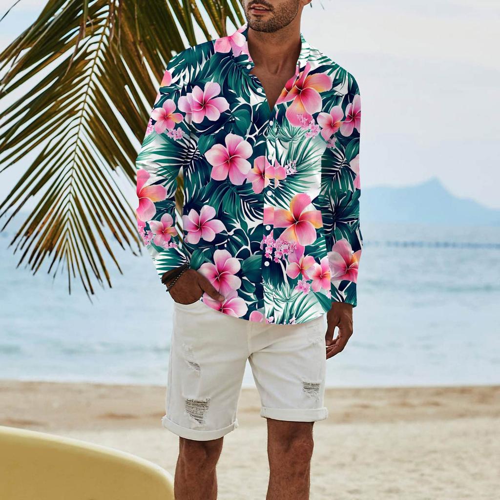 Men's Fashion Long Sleeve Printed Casual T Shirt Button Regular Fit Shirt Top