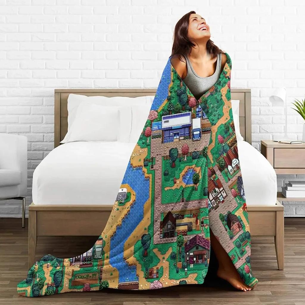Stardew Valley Town Map Blankets Soft Warm Flannel Throw Blanket Bedding for Bed Living Room Picnic Travel Home Sofa