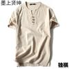 Summer  men's cotton and linen short-sleeved T-shirt men's three-button solid color large-size youth stand-up collar top