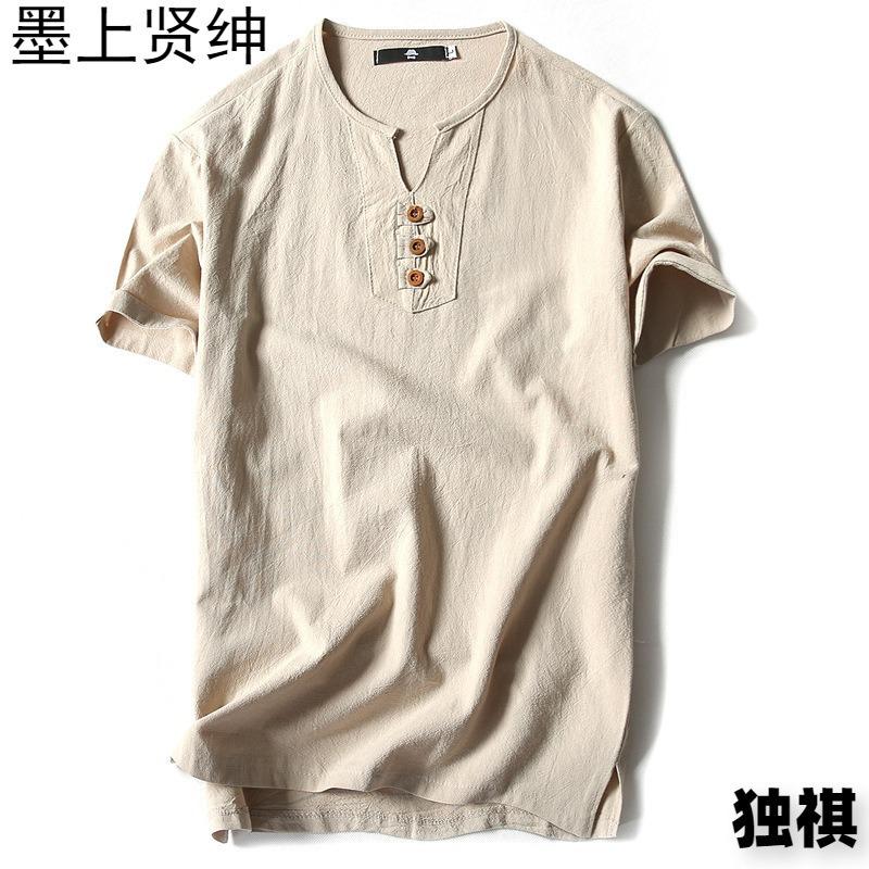 Summer  men's cotton and linen short-sleeved T-shirt men's three-button solid color large-size youth stand-up collar top