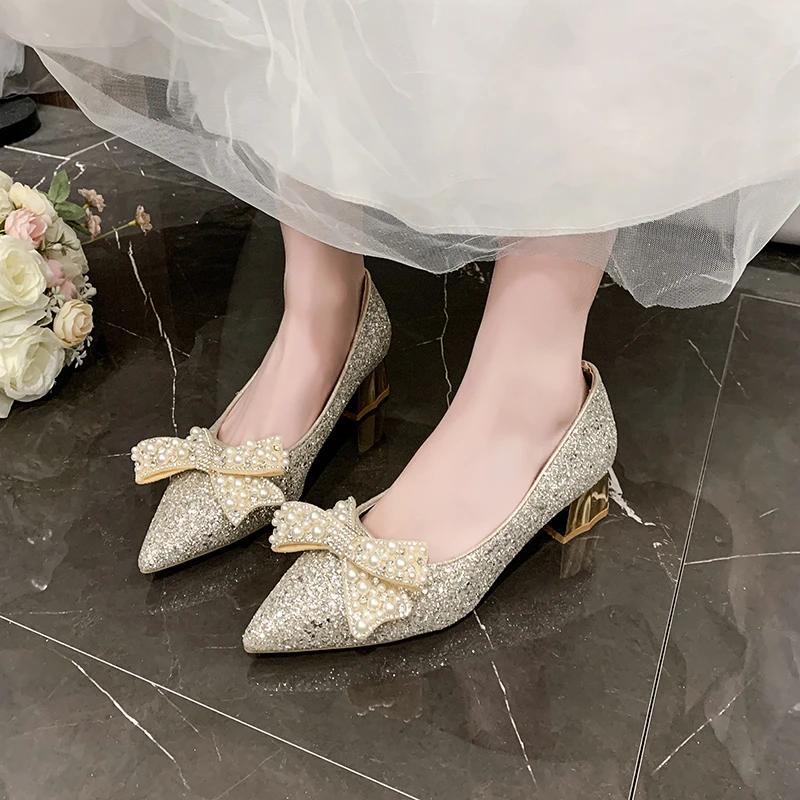 Fashion Women's Fashion Chunky Shoes Spring New Pointy Shallow Mouth Butterfly Knot Sequin Non-slip Low-top Shoes