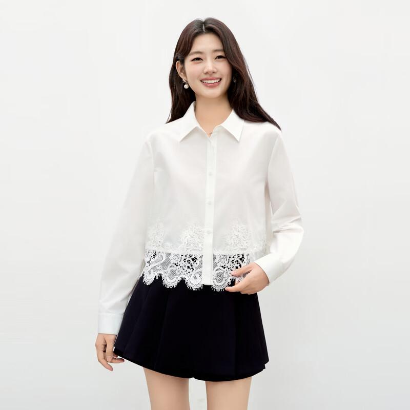 Sweet Lace-Trimmed Turn-down Collar Blouse M
