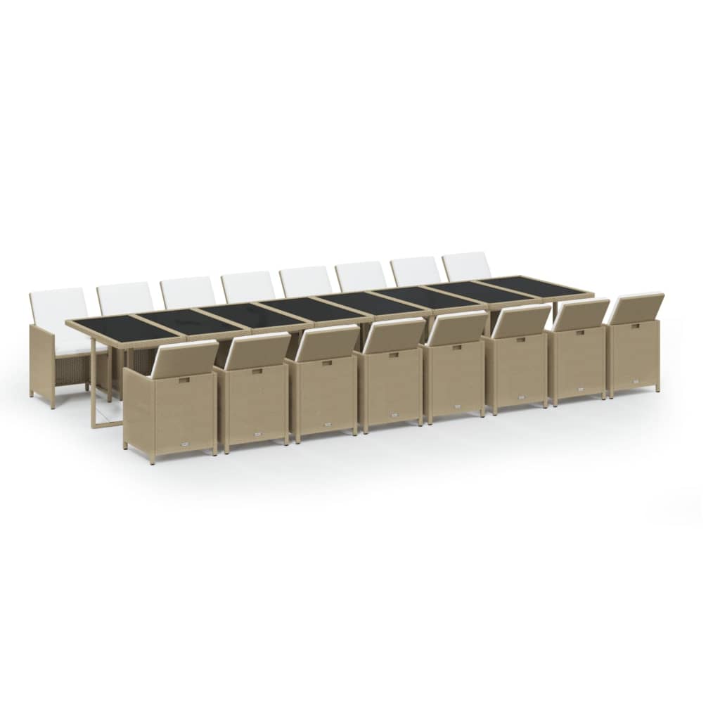 17 piece beige poly rattan garden dining set with cushions