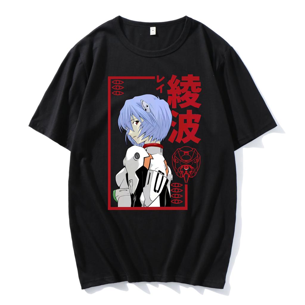 100% Cotton Anime Harajuku Ayanami Rei Printing Tshirt MenMomen Oversized Short Sleeve T-shirt Spring Summer Tops