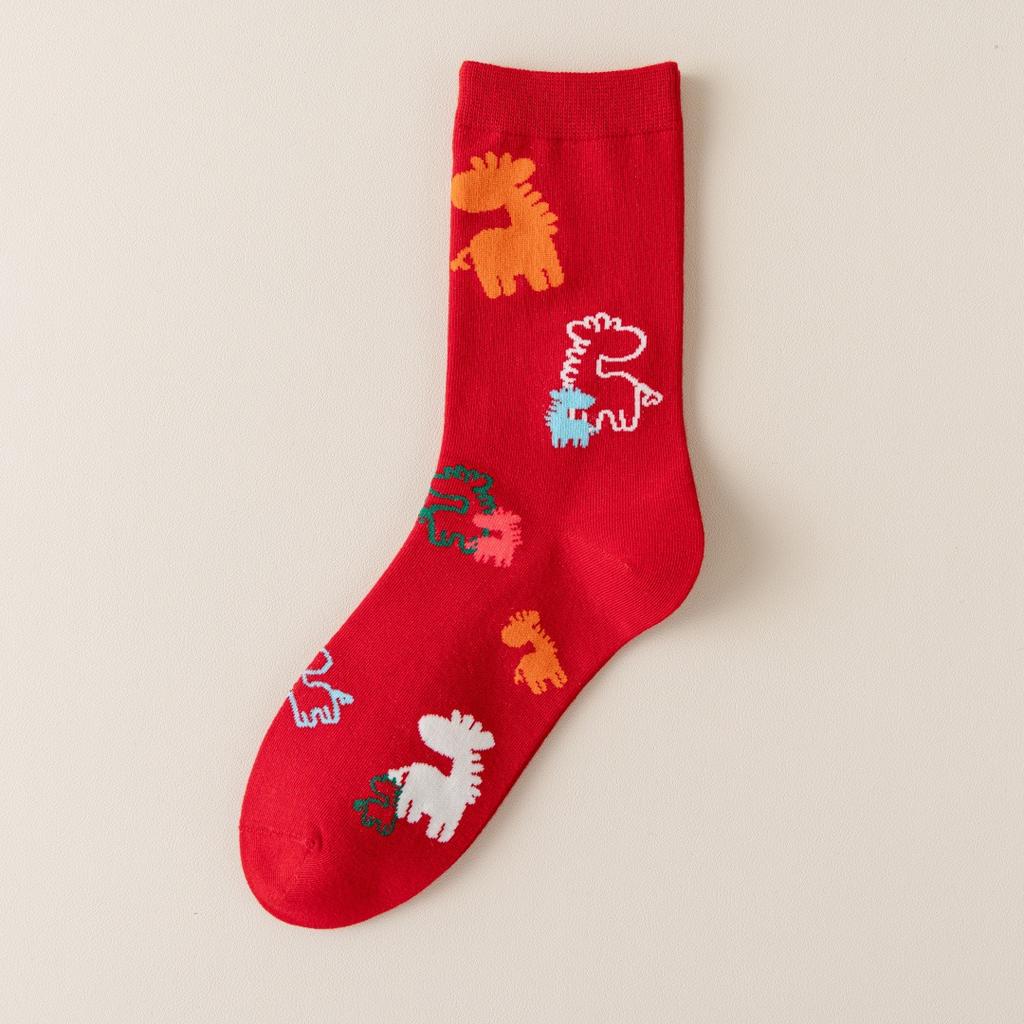 1 Pair New Year Lucky Red Socks For Men Women Autumn Winter Warm Mid-Tube Socks Cartoon Pony Horse Socks Christmas Gifts