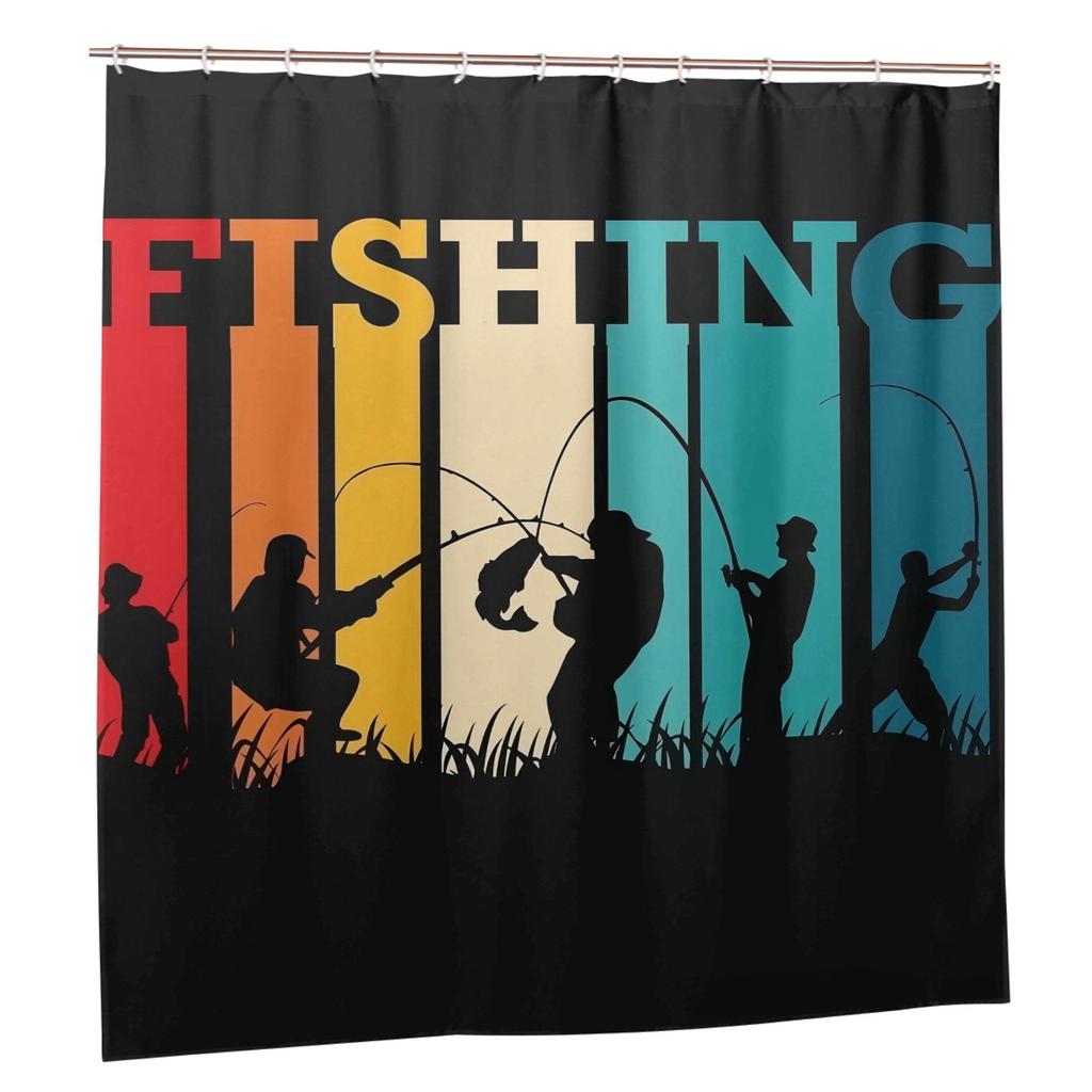 Fishing-Themed Fashionable Shower Curtain with Hooks, Removable Polyester Bathroom Curtain, Durable Wet/Dry Separation Curtain