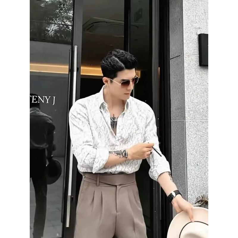 New Shirt Fashionable Men's Printed Long-sleeved Slim Fit Iron-free Anti-wrinkle Trendy Casual Shirt
