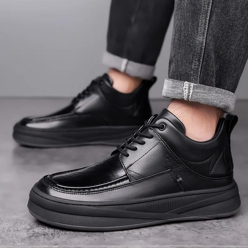 Fashion British Platform Lace Men Loafers Spring Autumn High Top Men Dress Shoes Designer Fashion Casual Black Leather Shoes Male