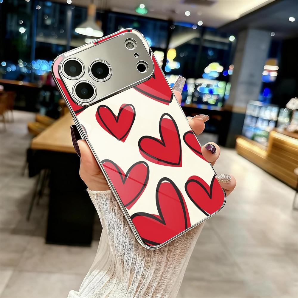 INS Fashion Heart Phone Case For iPhone 17 16 15 14 13 12 Pro Max Plus Electroplated Metal Shockproof Bumper Case Glass Back