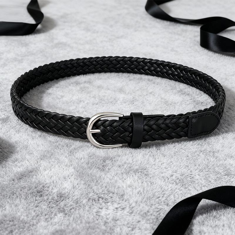 Ladies' Retro Woven PU Leather Thin Belt for Jeans and Dresses