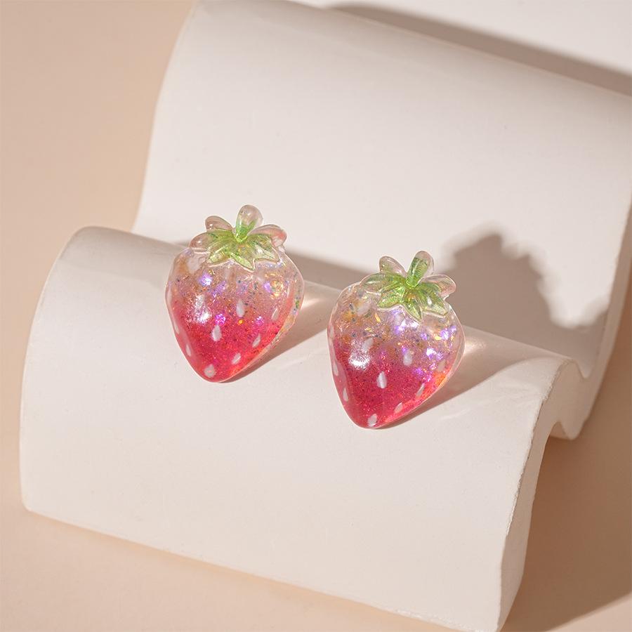 Cute and small resin strawberry peach fruit silver needle earrings, sweet and less spring and summer small fresh earrings