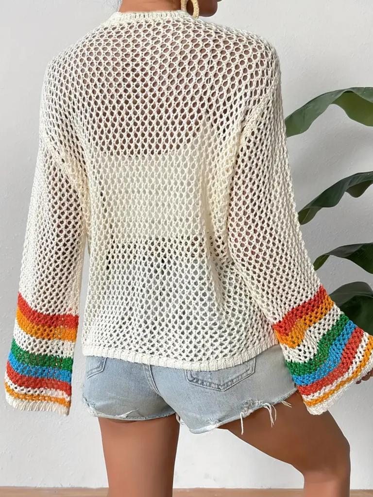 Vintage Rainbow Color Block Crochet Shawl Cardigan Loose Knit Top