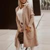 Autumn/Winter Hooded Long Cardigan Sweater with Turn-Down Collar and Letter Knit Design