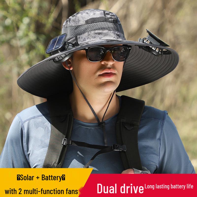 Solar-Powered Wide Brim Sunshade Hat with Lithium Battery Fan for Men