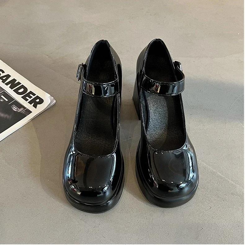

Модные туфли-лодочки Мэри Джейн для женщин Zapatos Para Mujer Модные туфли на массивном каблуке для свадебной вечеринки и платья Весенние новинки из лакированной кожи на высоком каблуке 35 чёрный