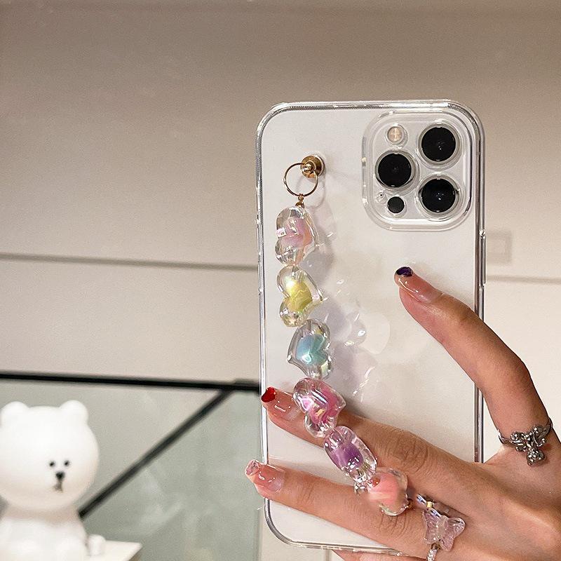 iPhone 15 Pro Max/17/16/13/11/XS Full Coverage Transparent Case with Heart-Shaped Colorful Candy Bracelet