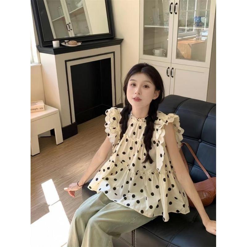 Women Ruffled Neck Polka Dot Ruffle Sleeve Loose Fit Blouse