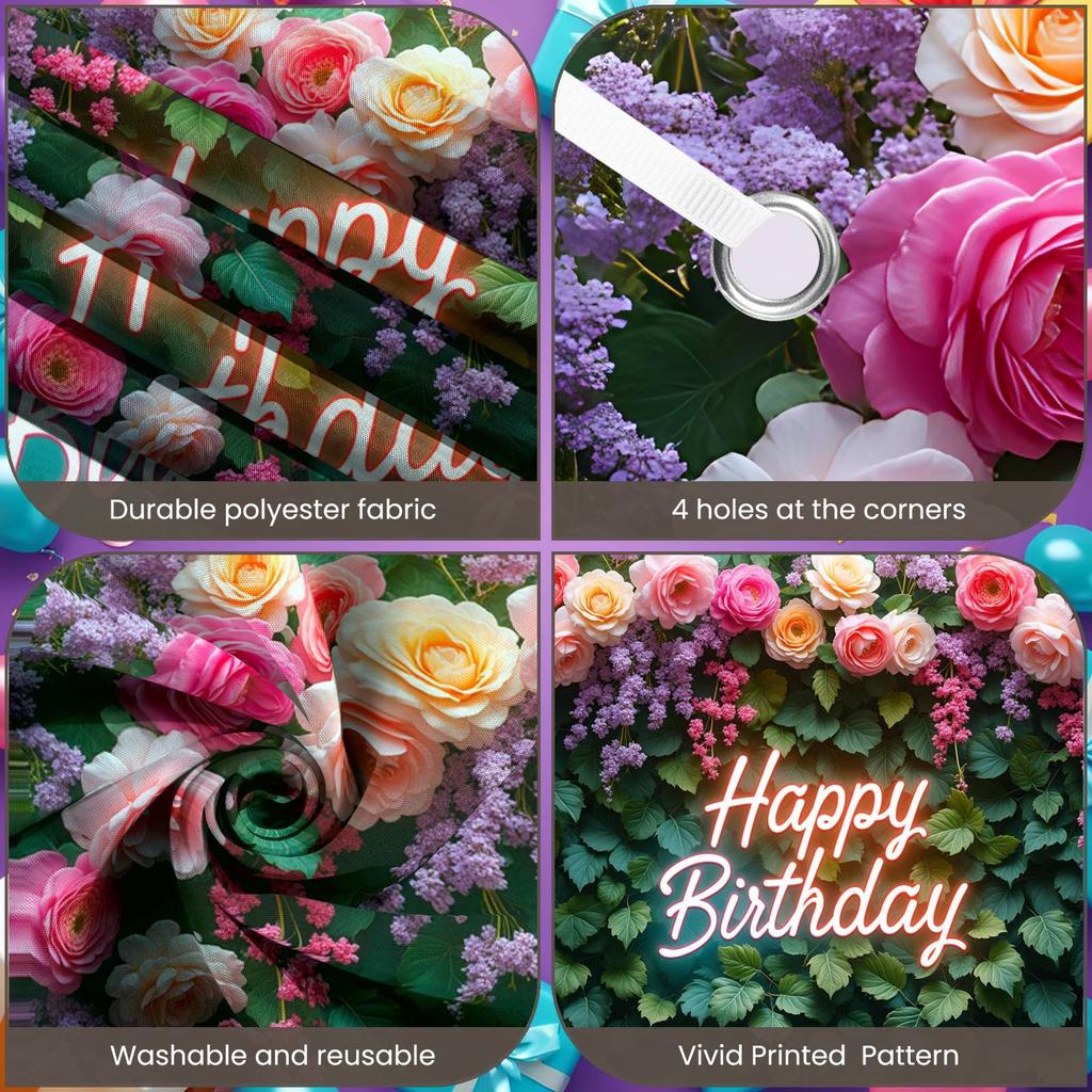 Banner Vibrant Colors Birthday Decor Party Backdrop Floral Design Floral Birthday Banner For Party Celebration Birthday Party