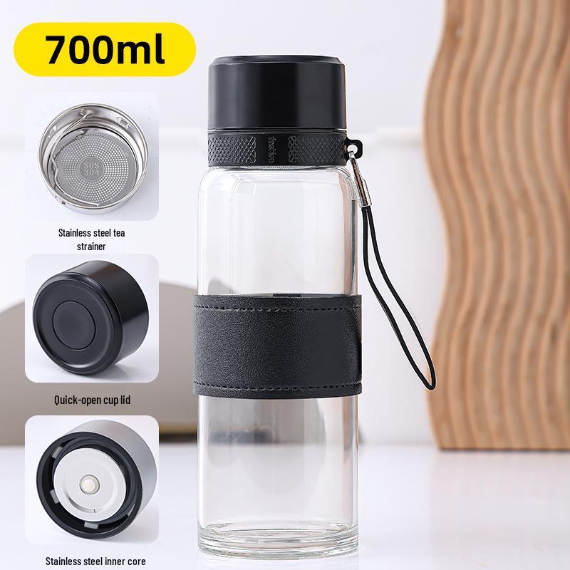 Portable Glass Water Bottle with Lanyard - Quick Open, Tea Separator, High-Capacity Borosilicate Glass