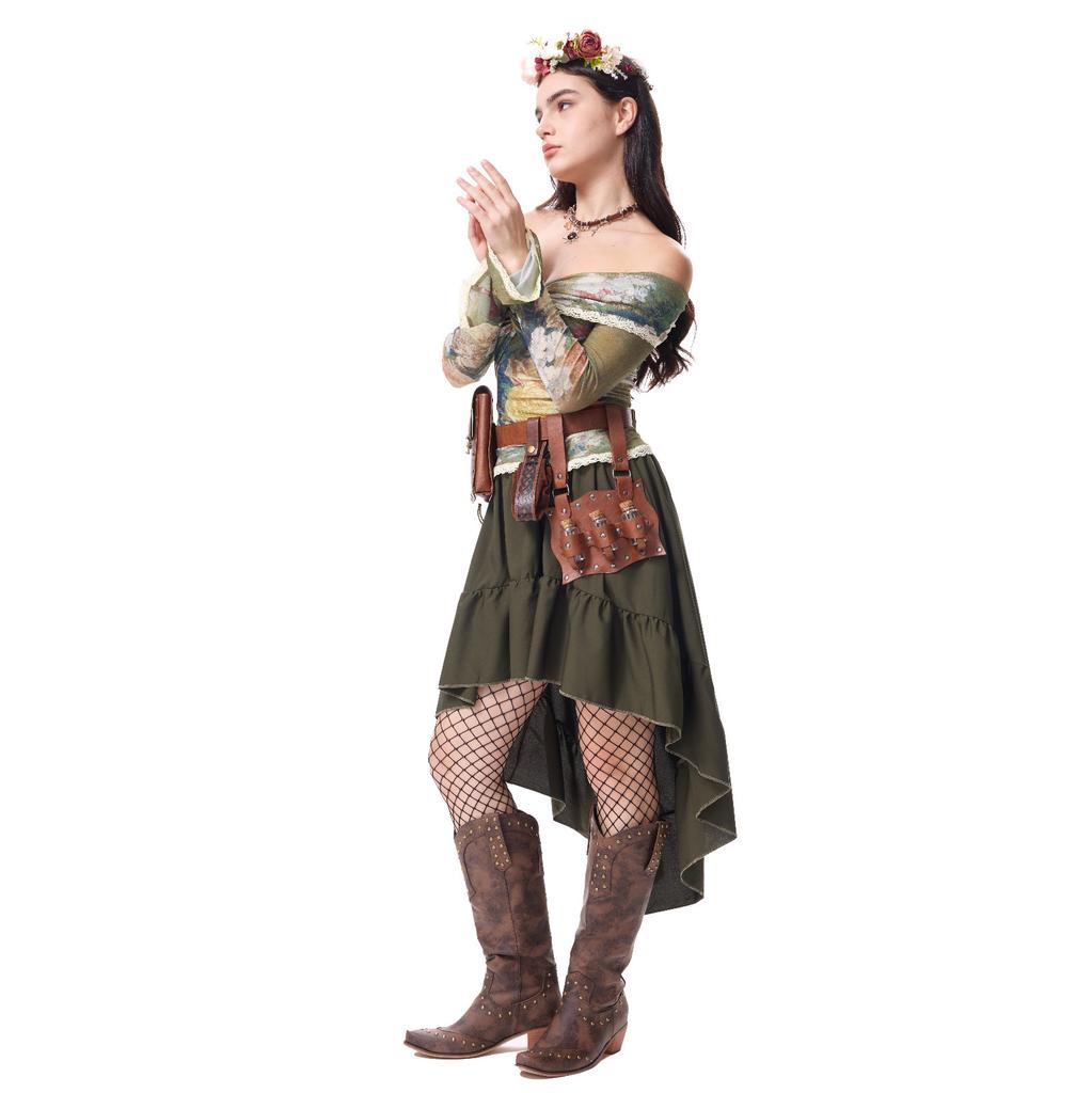 Damenkostüm Schulterfreies Oberteil Unregelmäßiger Rock Vintage-Outfit mit Dekoration