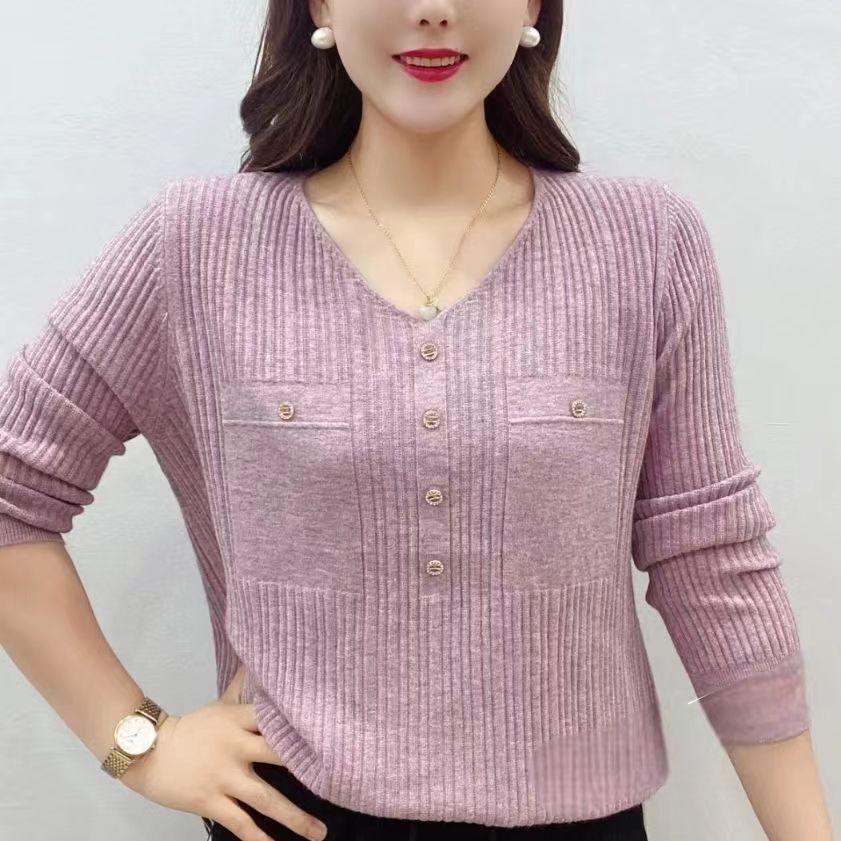 Women's Autumn Sweater Long Sleeve Knit V-Neck Pullover Loose Thin Sweater Top