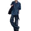 Men's Water-Washed Tie-Dye Short-Sleeve Padded Shoulder Retro Shirt