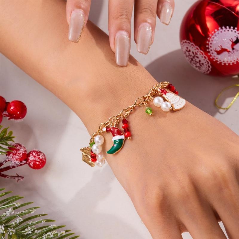 Pulseira de Pingente de Rena do Papai Noel Festiva para Árvore de Natal Corrente de Pulso de Liga Joia Pulseira Presente de Feriado para Mulheres Acessório de Festa