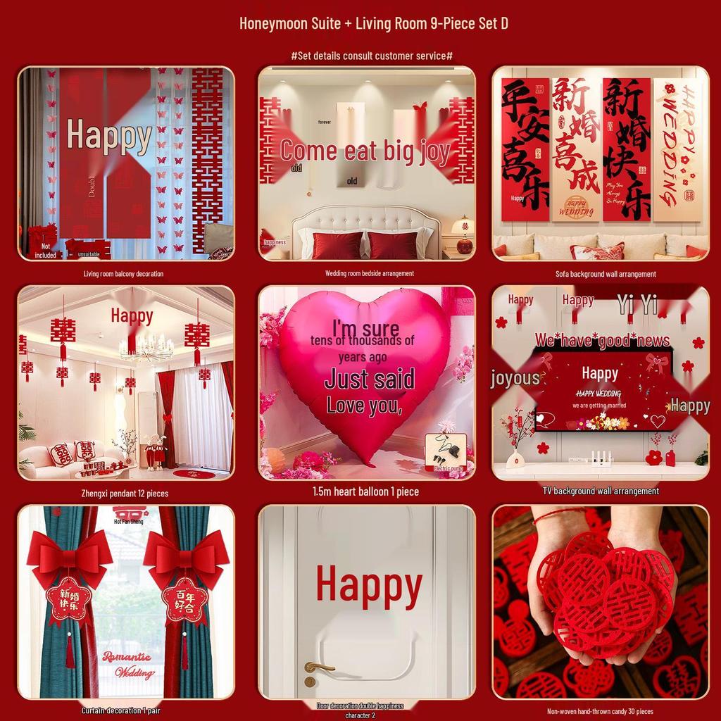 Wedding Room Décor Set: Bride & Groom Bedside Background with Pull Flowers & Double Happiness KT Board