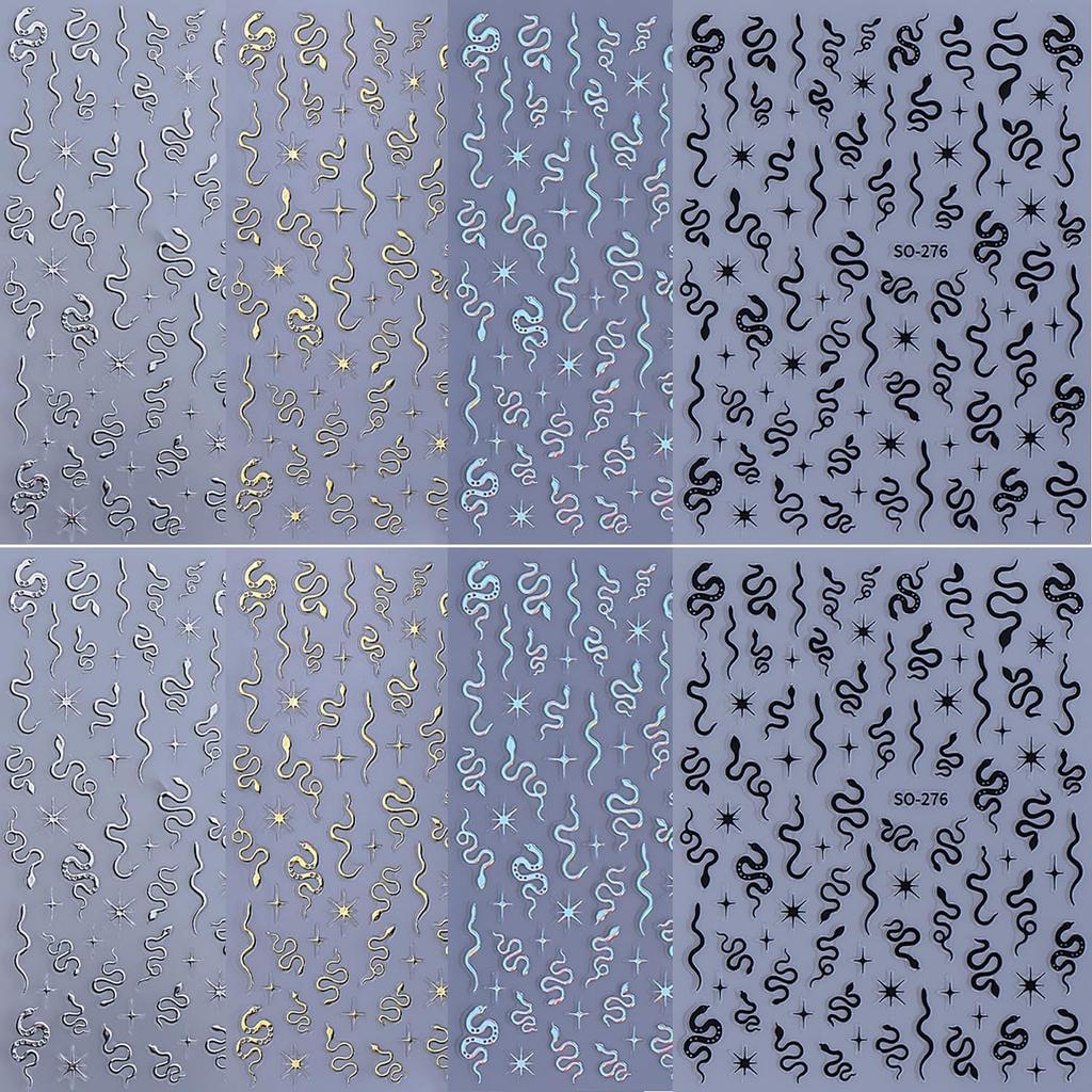 8 Sheets Nail Art Stickers, Gold Silver Star Snake Nail Decals 3D Self-Adhesive Laser Gold Silver Black Snake Nail Design Stickers DIY Manicure