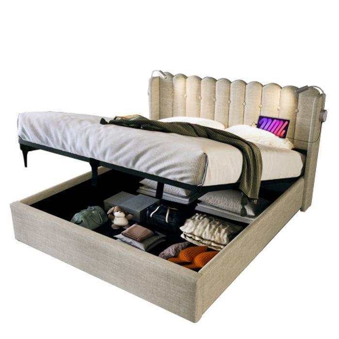 Lit capitonné - MUVOE - 140x200 - Tête de lit avec lampe de lecture - Espace de rangement - Matelas inclus