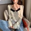 Square Neck Color Matching Bubble Sleeve Pullover Sweater Women's Autumn and Winter Temperament Celebrity Slim-fitting Chic Bottoming Knitted Sweater
