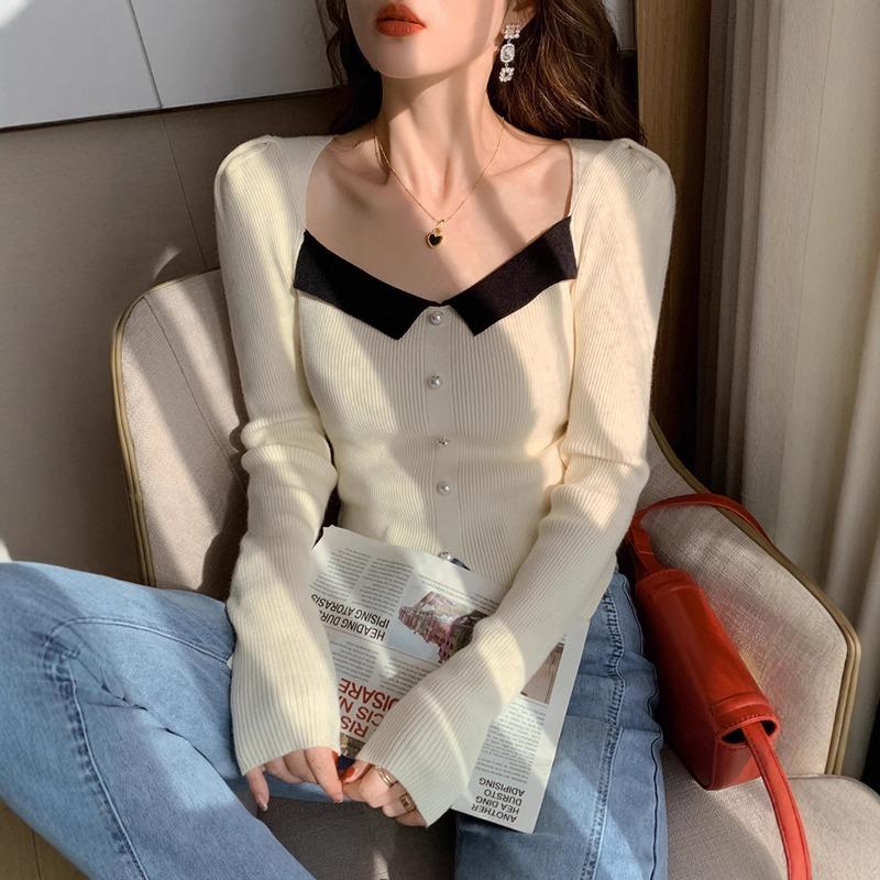 Square Neck Color Matching Bubble Sleeve Pullover Sweater Women's Autumn and Winter Temperament Celebrity Slim-fitting Chic Bottoming Knitted Sweater