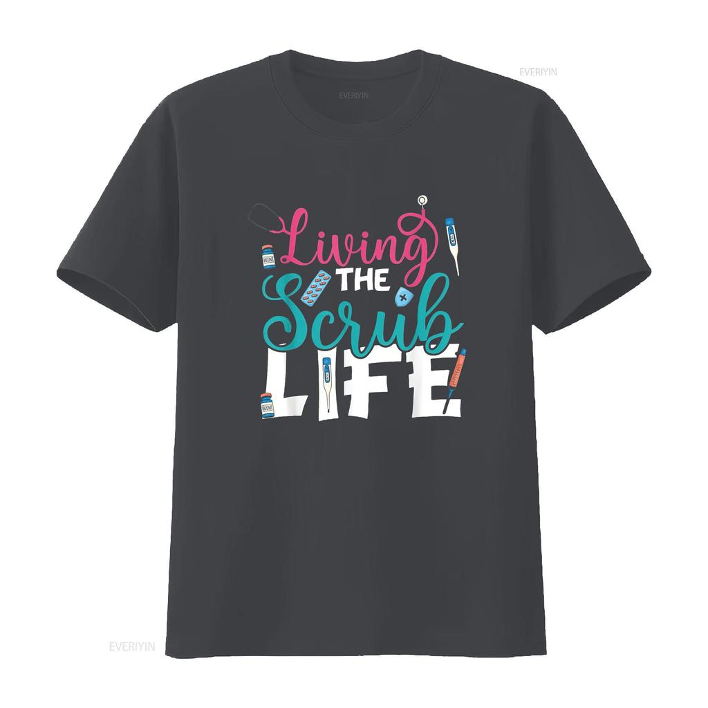 Womens Living the Scrub Life Funny Nurse Stethoscope Nursing Cute T Shirt Black 2XL Vintage Washed Breathable Streetwear