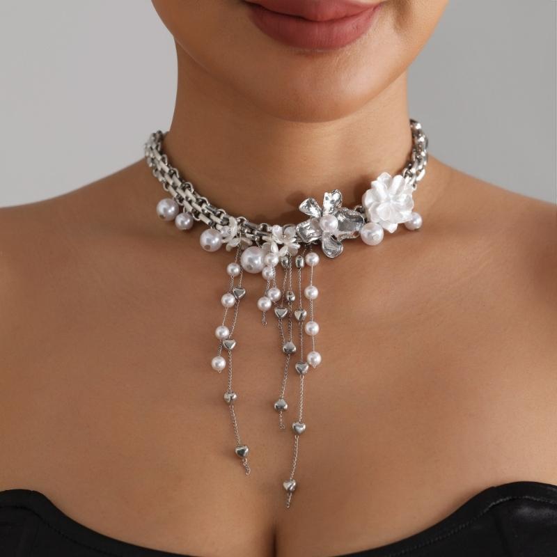 Elegant Flower Design Necklace With Dangling Beaded Tassels Adjustable Length Romance Pearls Accessory