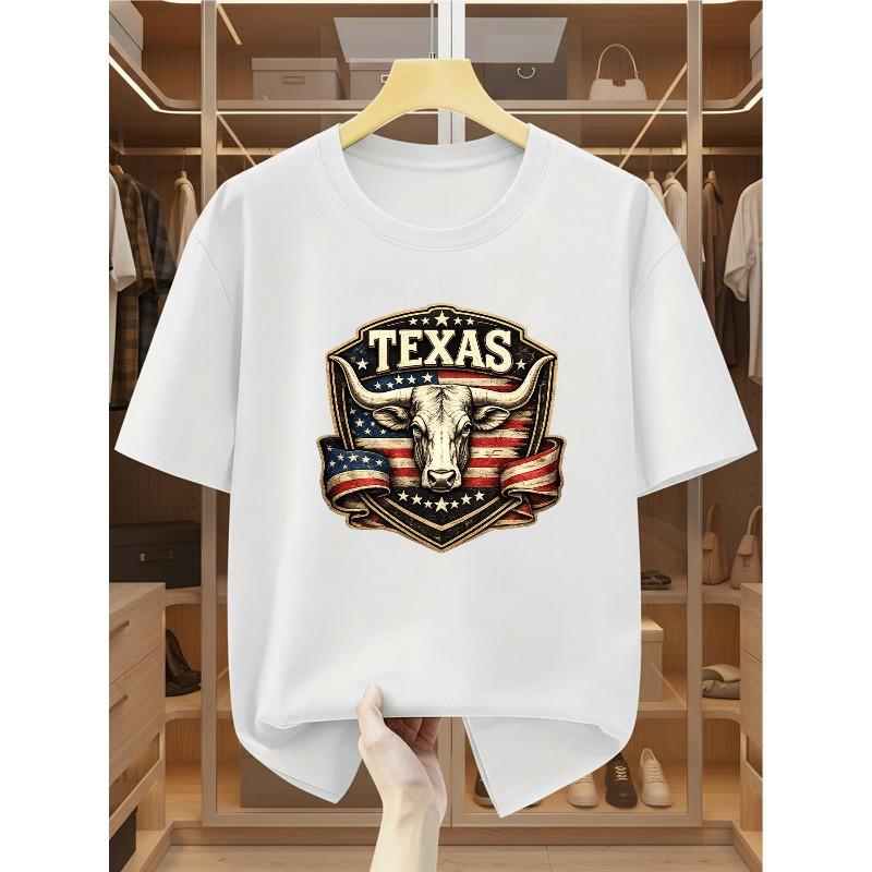 European Sizes Men's Cotton Featuring Texas Longhorn Bull American Flag Graphic Comfortable Casual Short-sleeved T-shirt In Summer