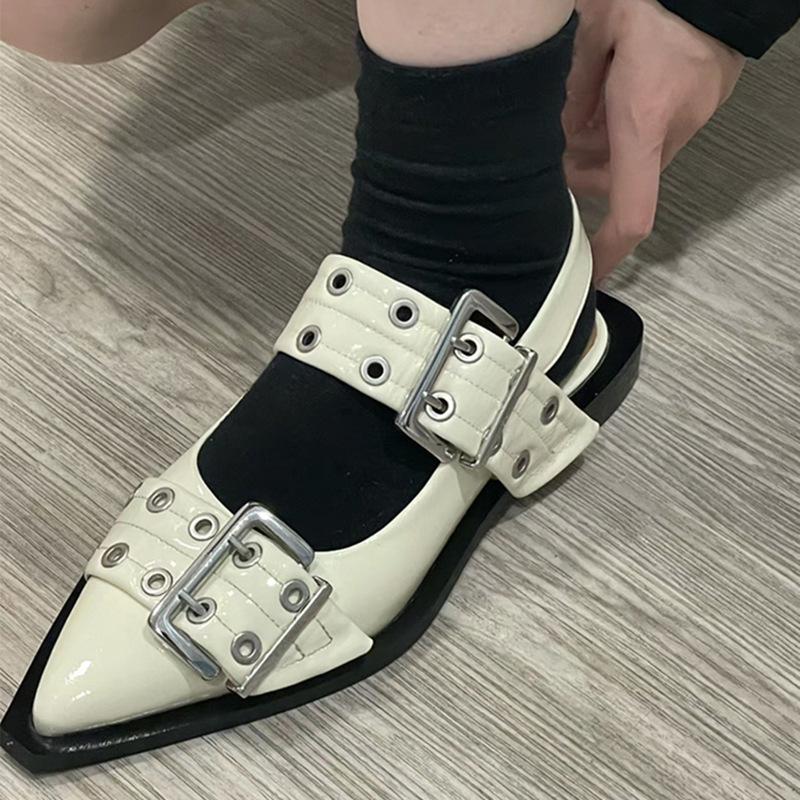 

Baotou sandals pointed thick heels women s shoes summer new patent leather metal belt buckle muller shoes rivet ballet shoes 40