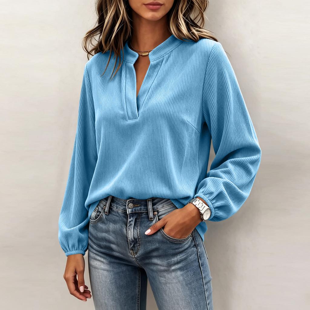 Women's casual V-neck stylish corduroy long-sleeved top