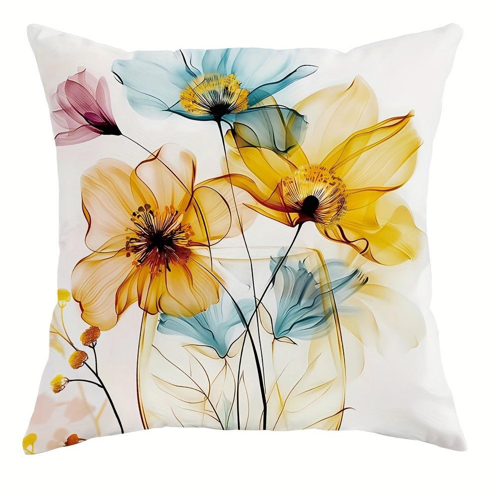 Spring Watercolor Yellow Blue Pink Flowers Pillowcasebedroom Sofa Decorative Cushion Cover With Zipper Soft Cushion Cover