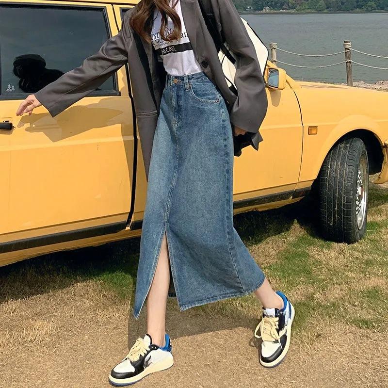 

Юбка из денима с высокой талией, облегающая до талии, женская, больших размеров, летняя, средней длины, с пакетом A Word, юбка до бедер 3XL синий