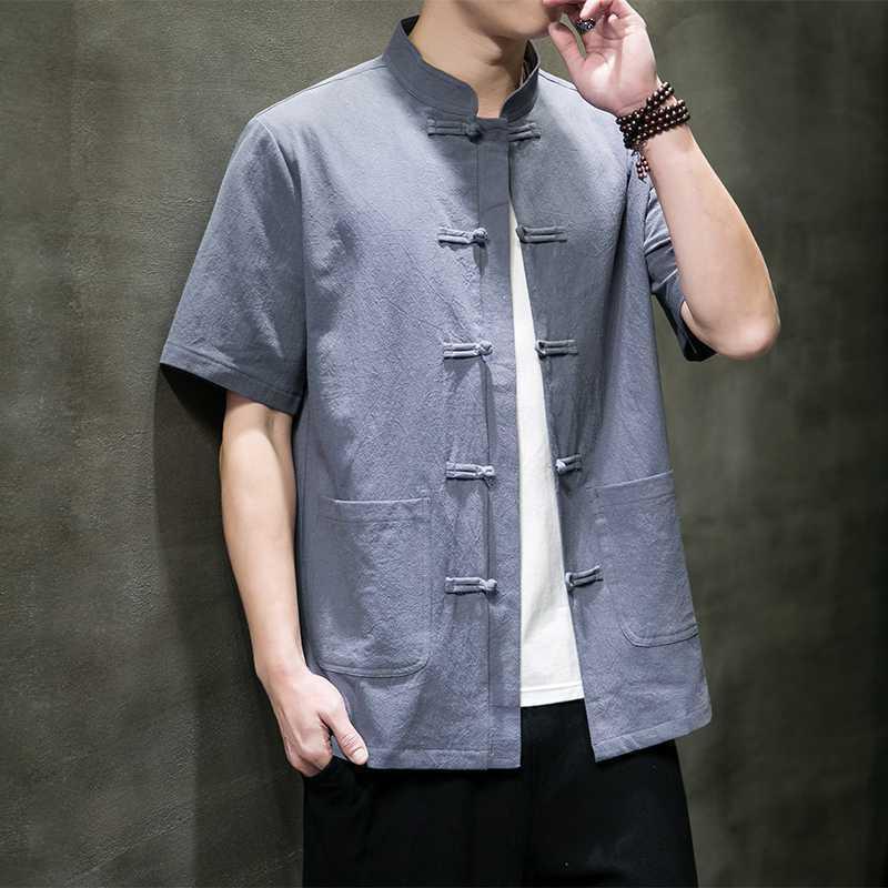 Men's Chinese Style Linen Shirt Short Sleeve Manin Collar Frog Button Casual Top