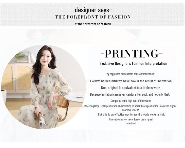 Elegant French Floral Print Puff Sleeve Dress: Spring & Autumn Waist-Cinching Long Skirt