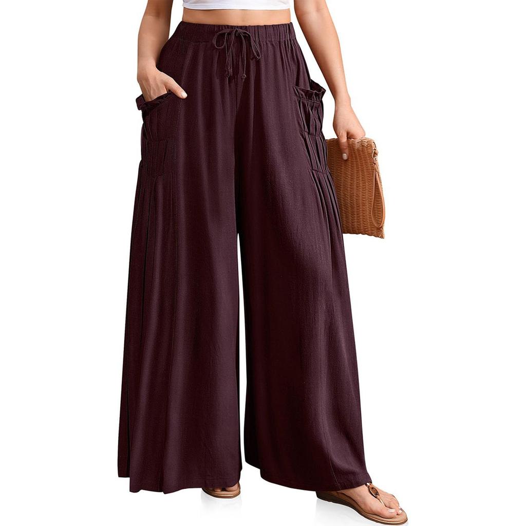 Damen Einfarbig Plissee Taille Locker Weites Bein Gerades Bein Hose