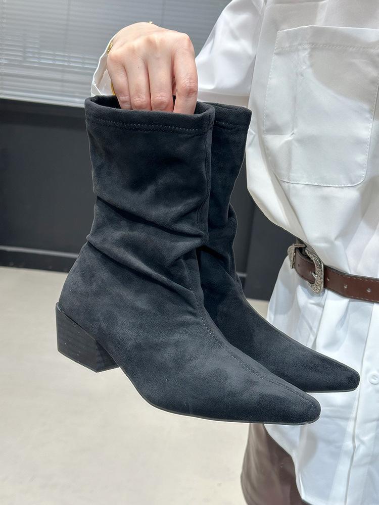 High Heel Pointed Suede Khaki Skinny Boots Women s Autumn Short Boots Thick Heel Pile Boots 35