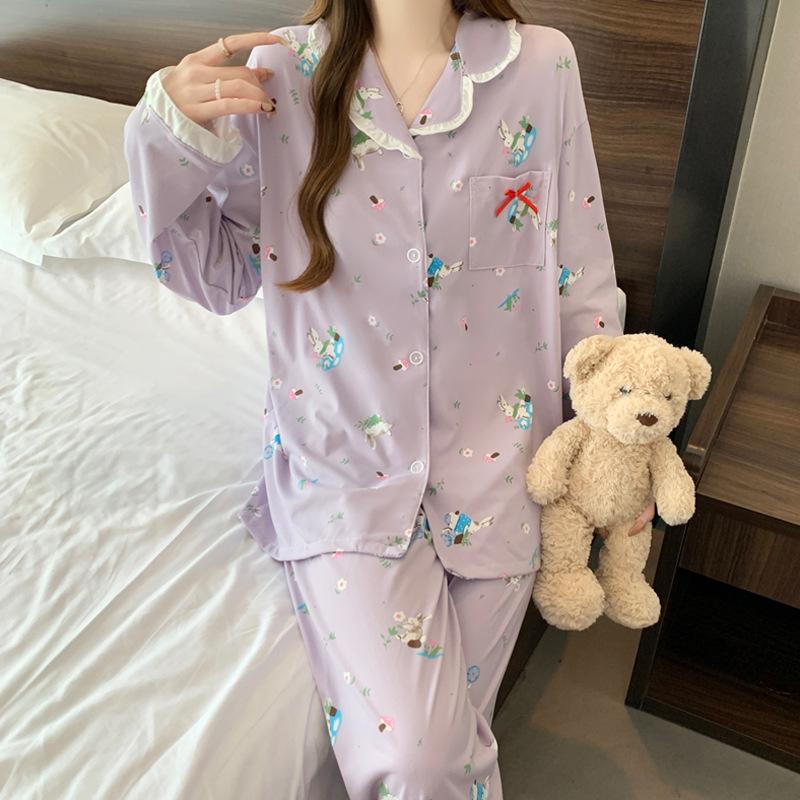 Spring and Autumn New Imitation Cotton Pajamas Women's Sweet Girls Rabbit Long Sleeve Homewear Taro Purple White Two-piece Set