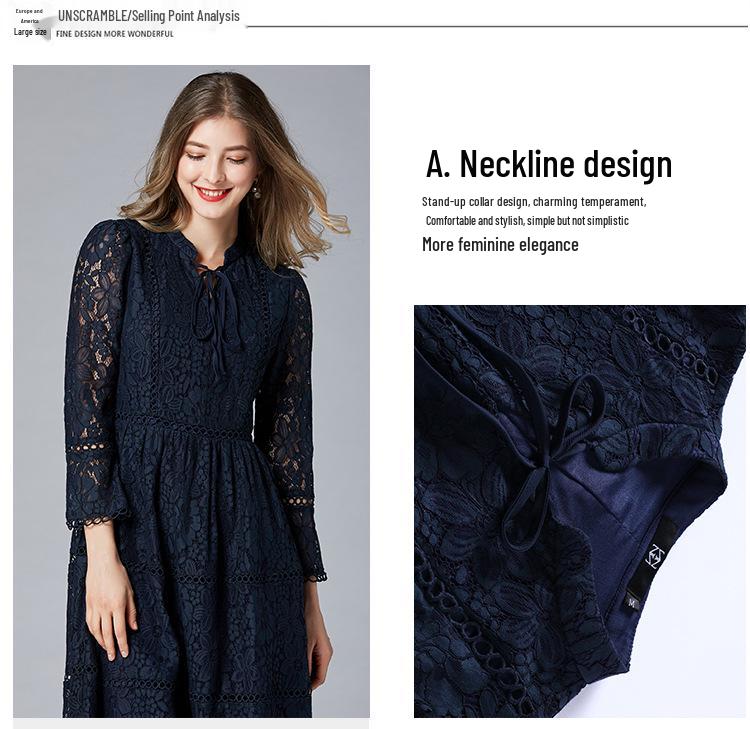 Brand Plus Size Women's Spring 2025 Lace Patchwork Dress for Middle-Aged European and American Styles.