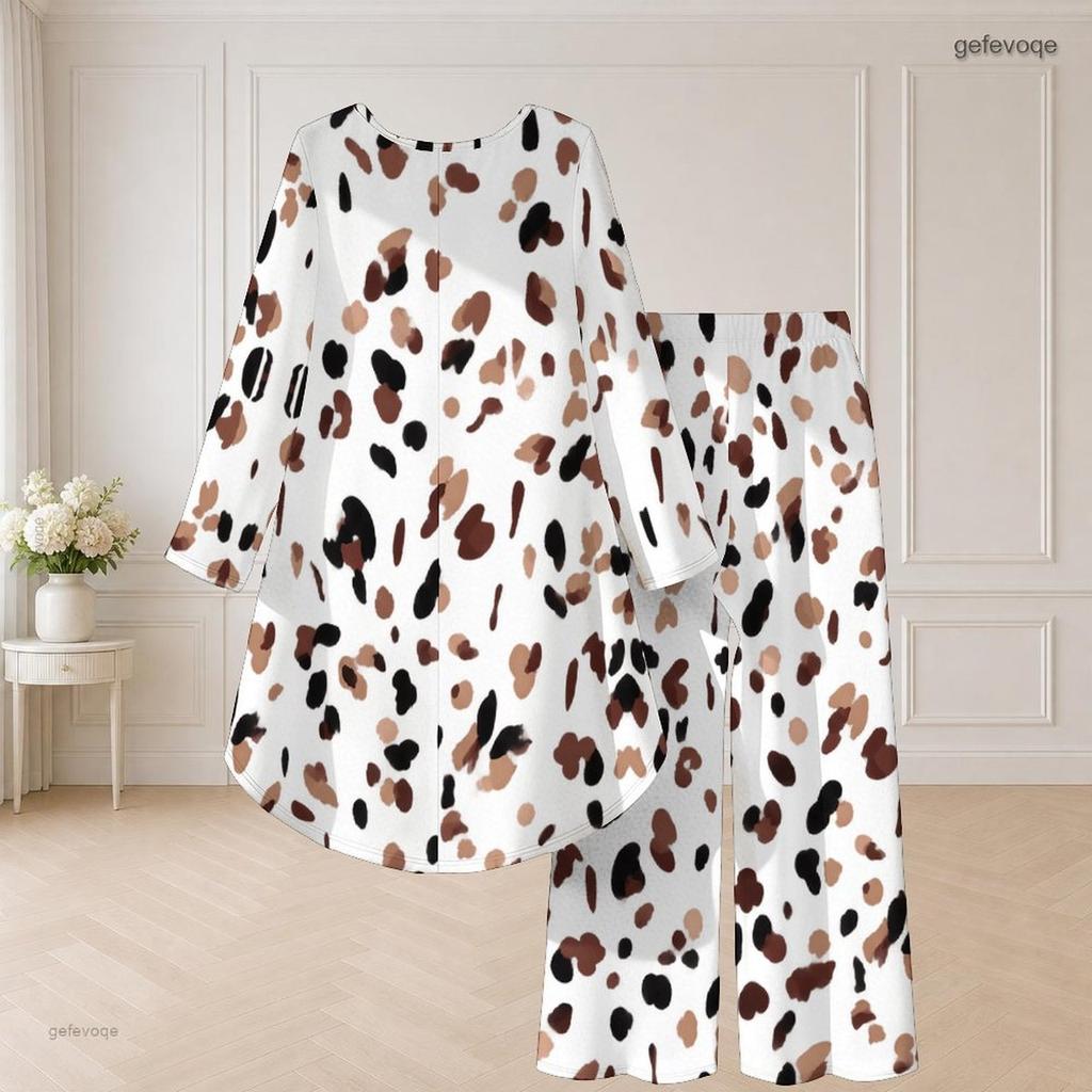 Plus Size Women Abstract Printed Two Piece Set Round Neck Long Sleeve High Low Top Wide Leg Pants