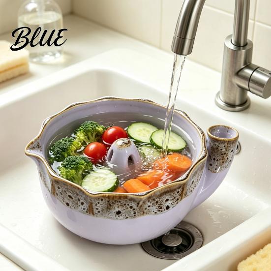 Fruit Serving Plate Vortex Design Bowl Strainer with Ceramic Berry Holes Self-Spinning Food Grade Rinse for Kitchen Berries Vegetables